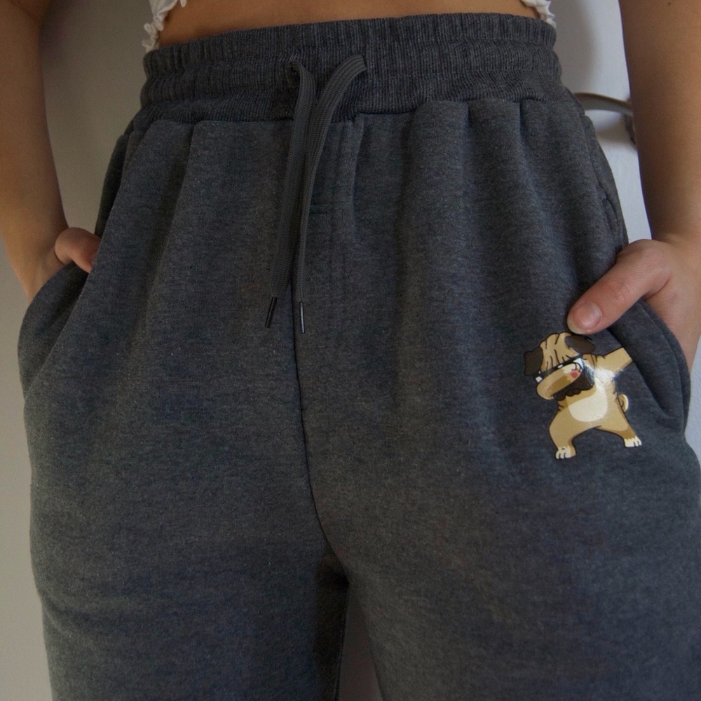 High-Waisted Joggers/Sweatpants with a “Dabbing” Pug Cartoon Accent